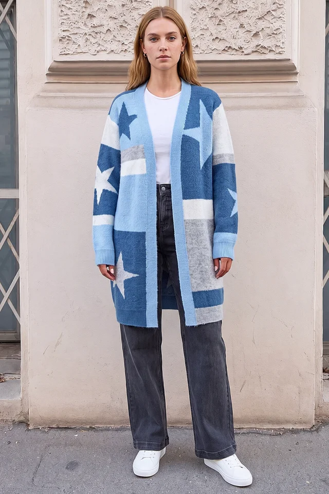 Roman Blue Colour Block Star Cardigan