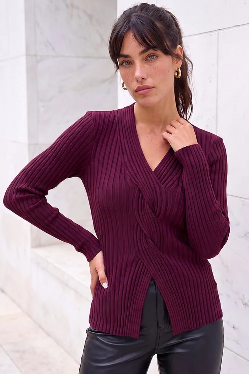 Roman Plum Cable Split Detail Rib Jumper - 14 Image 1