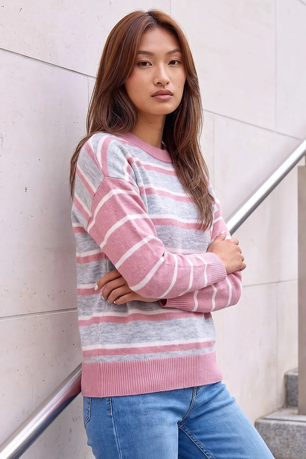 Roman Light Pink Contrast Stripe Knit Jumper - 16 Image 1