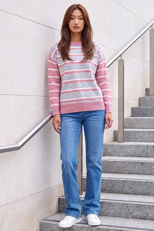 Roman Light Pink Contrast Stripe Knit Jumper - 16 Image 2
