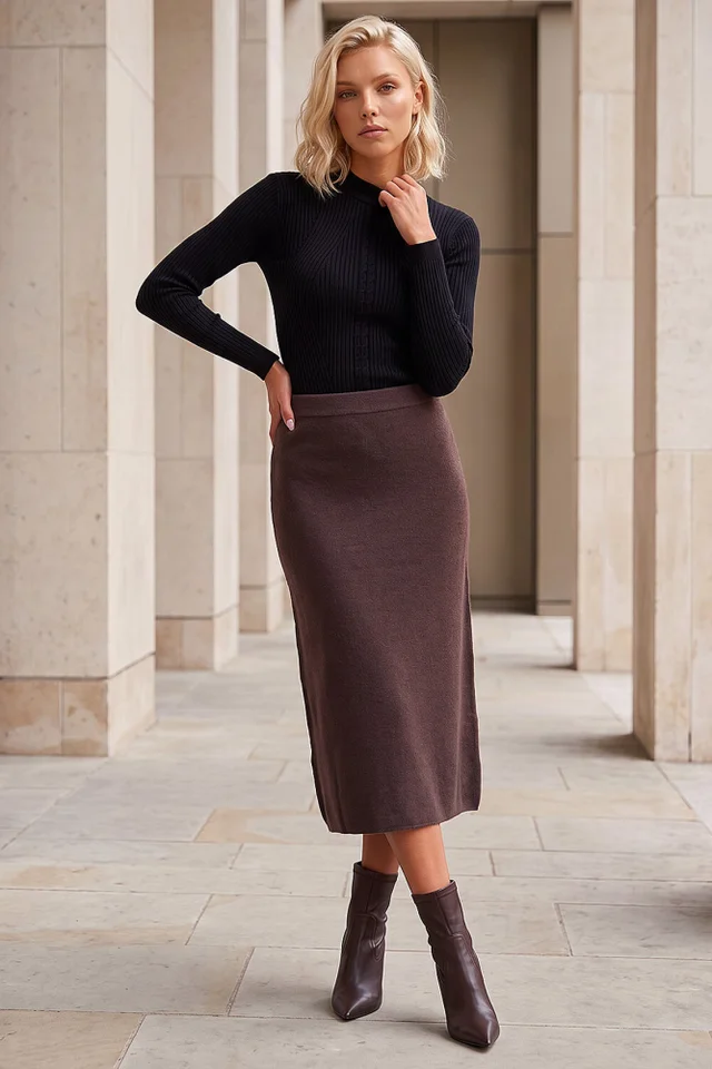Roman Chocolate Petite Knitted Midi Skirt