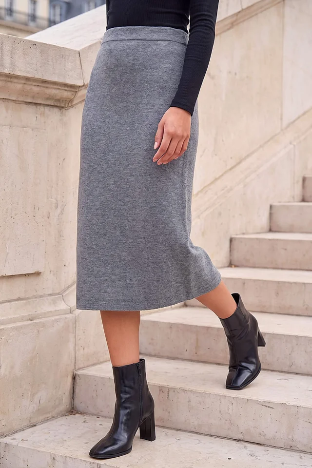 Roman Grey Petite Knitted Midi Skirt