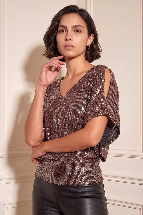 Roman Bronze Sequin Mesh Bow Back Top - 16 Image 1