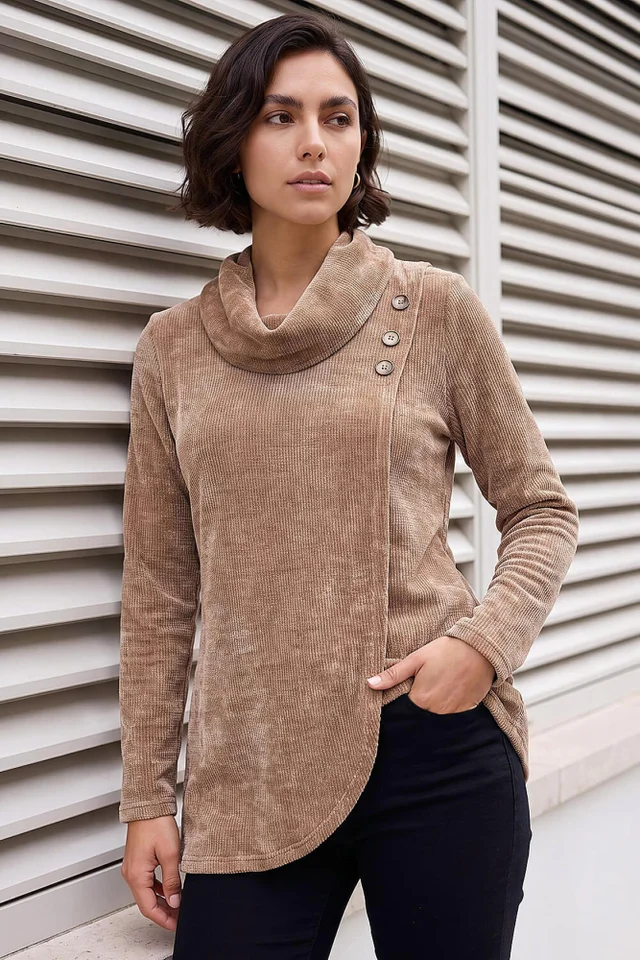 Roman Camel Chenille Cowl Neck Tunic Top