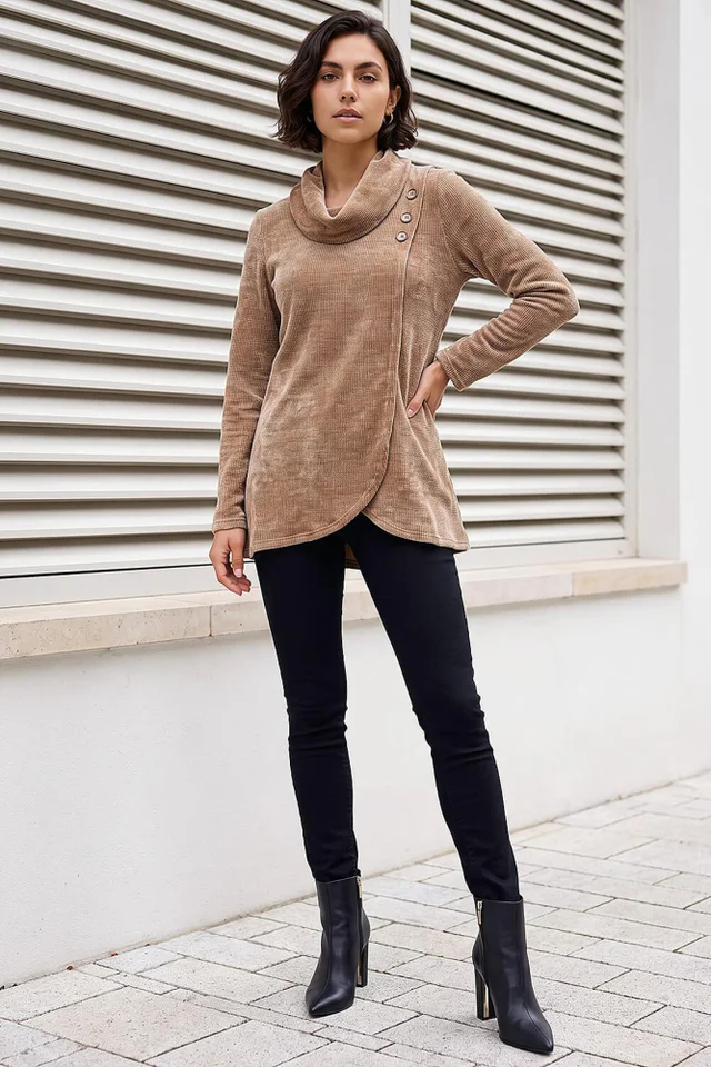 Roman Camel Chenille Cowl Neck Tunic Top