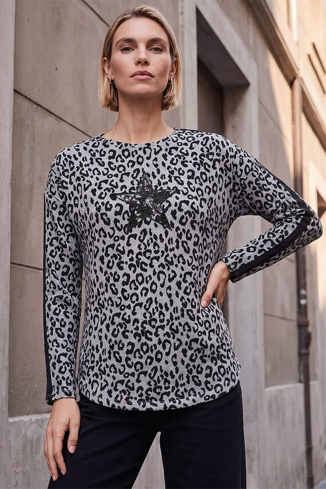 Roman Black Sequin Star Animal Print Top
