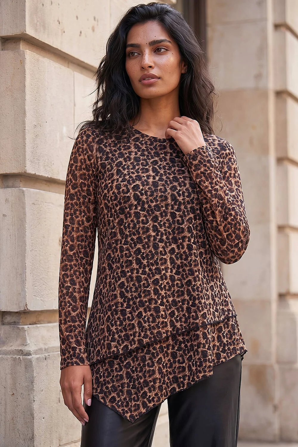 Roman Tan Lace Animal Print Layered Hem Top - 20 Image 2