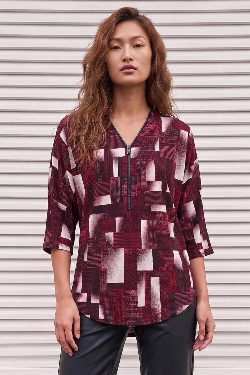 Roman Red Geometric Puff Print Zip Top - 10 Image 1