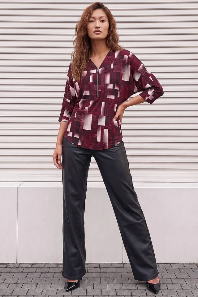 Roman Red Geometric Puff Print Zip Top