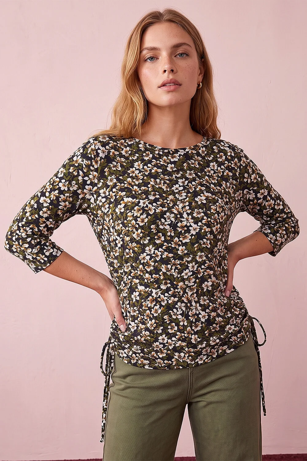 Roman Olive Floral Tie Detail Top - 16 Image 1