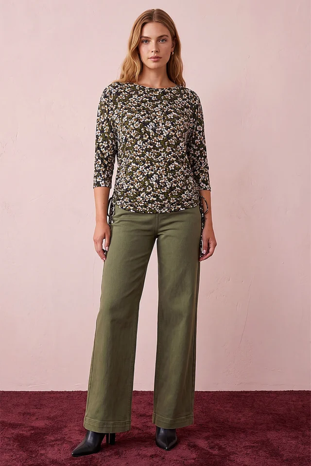Roman Olive Floral Tie Detail Top