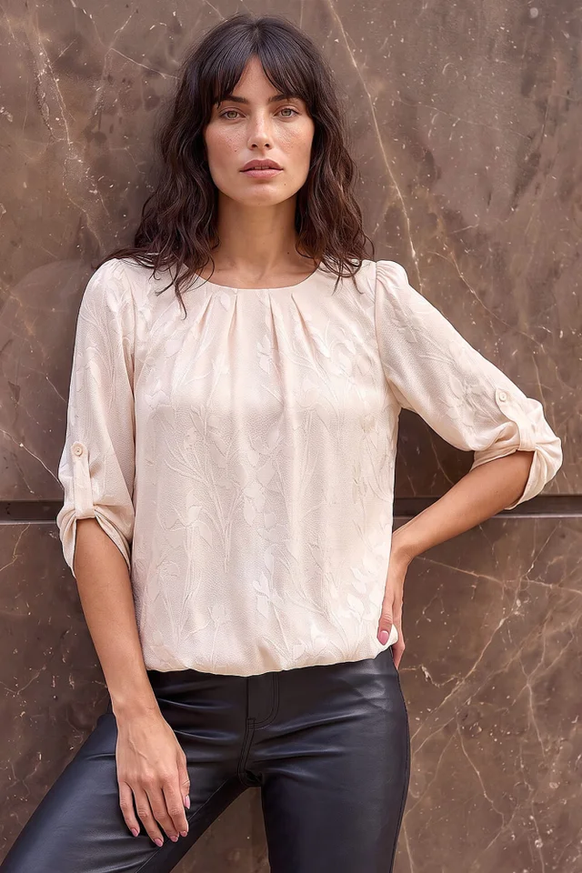 Roman Ivory Jacquard Textured Bubble Hem Top
