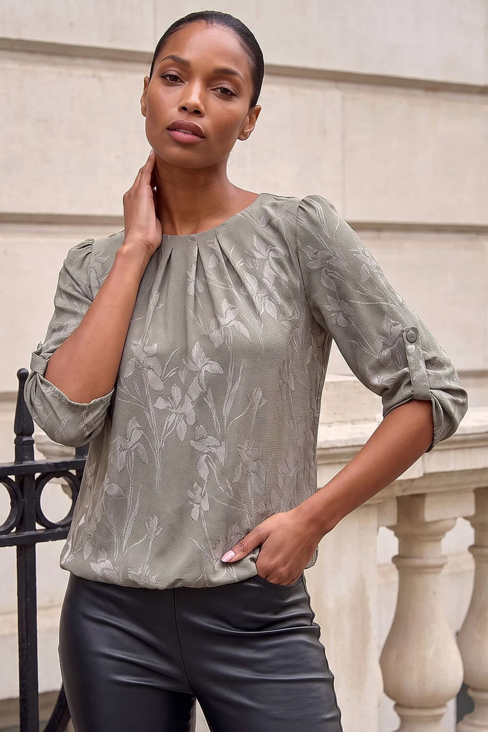 Roman Khaki Jacquard Textured Bubble Hem Top - 12 Image 1