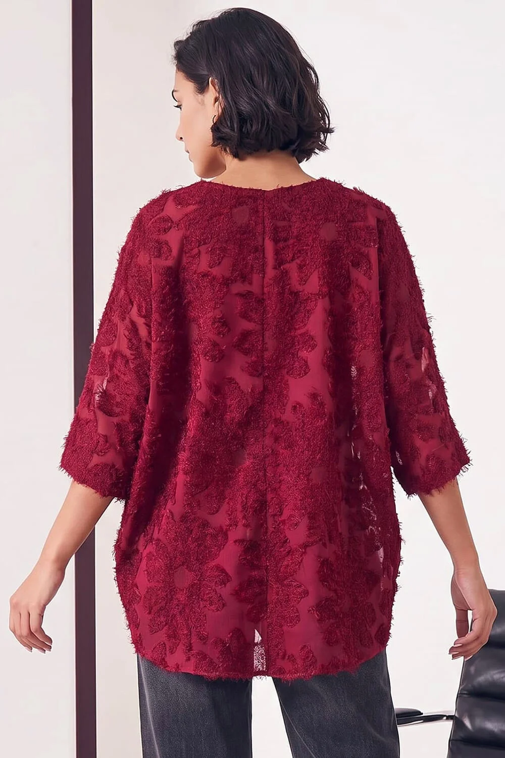 Roman Wine Textured Floral Overlay Top - 20 Image 3