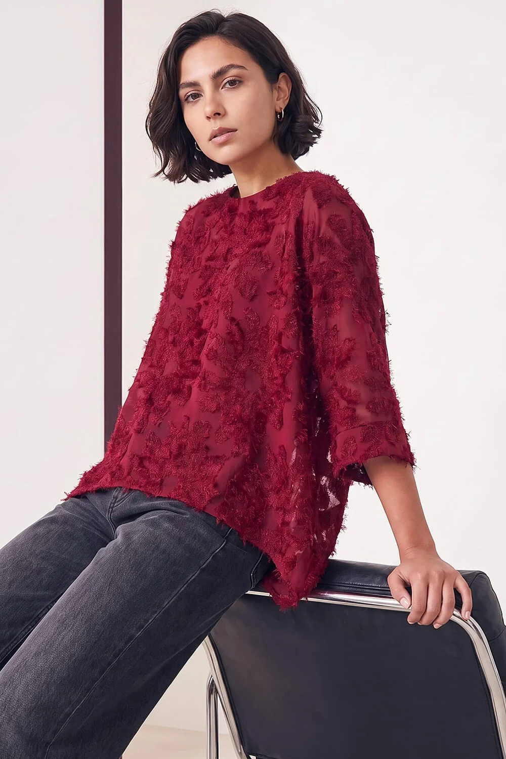 Roman Wine Textured Floral Overlay Top - 20 Image 1