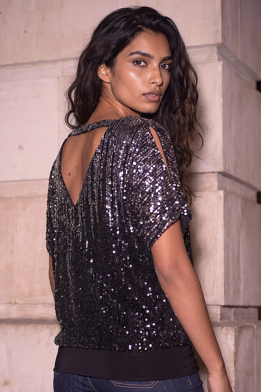 Roman Silver Ombre Mesh Sequin Bow Back Top - 10 Image 4