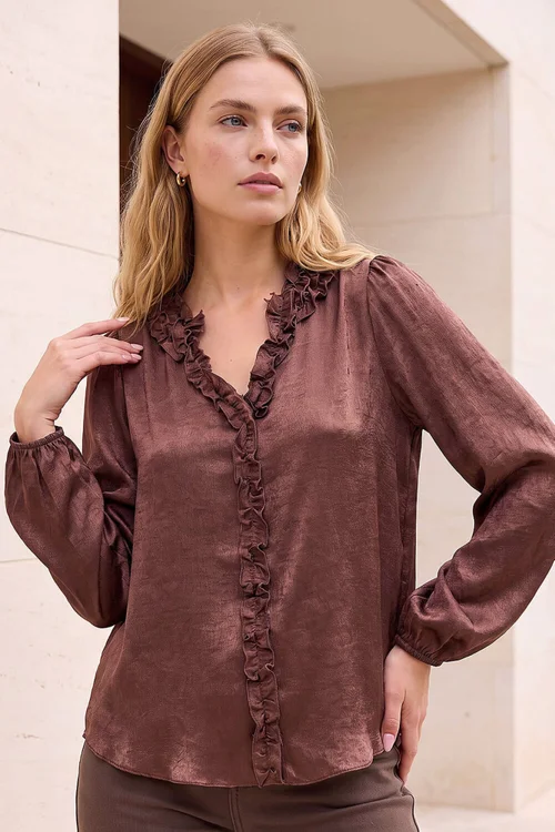 Roman Chocolate Crinkle Satin Frill V-Neck Top - 12 Image 1