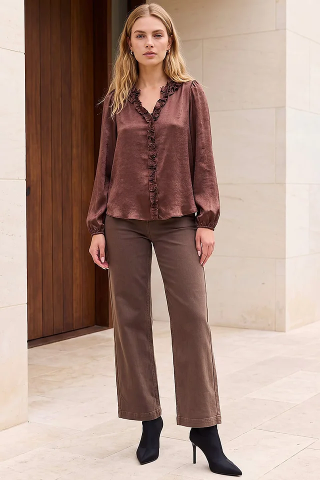 Roman Chocolate Crinkle Satin Frill V-Neck Top