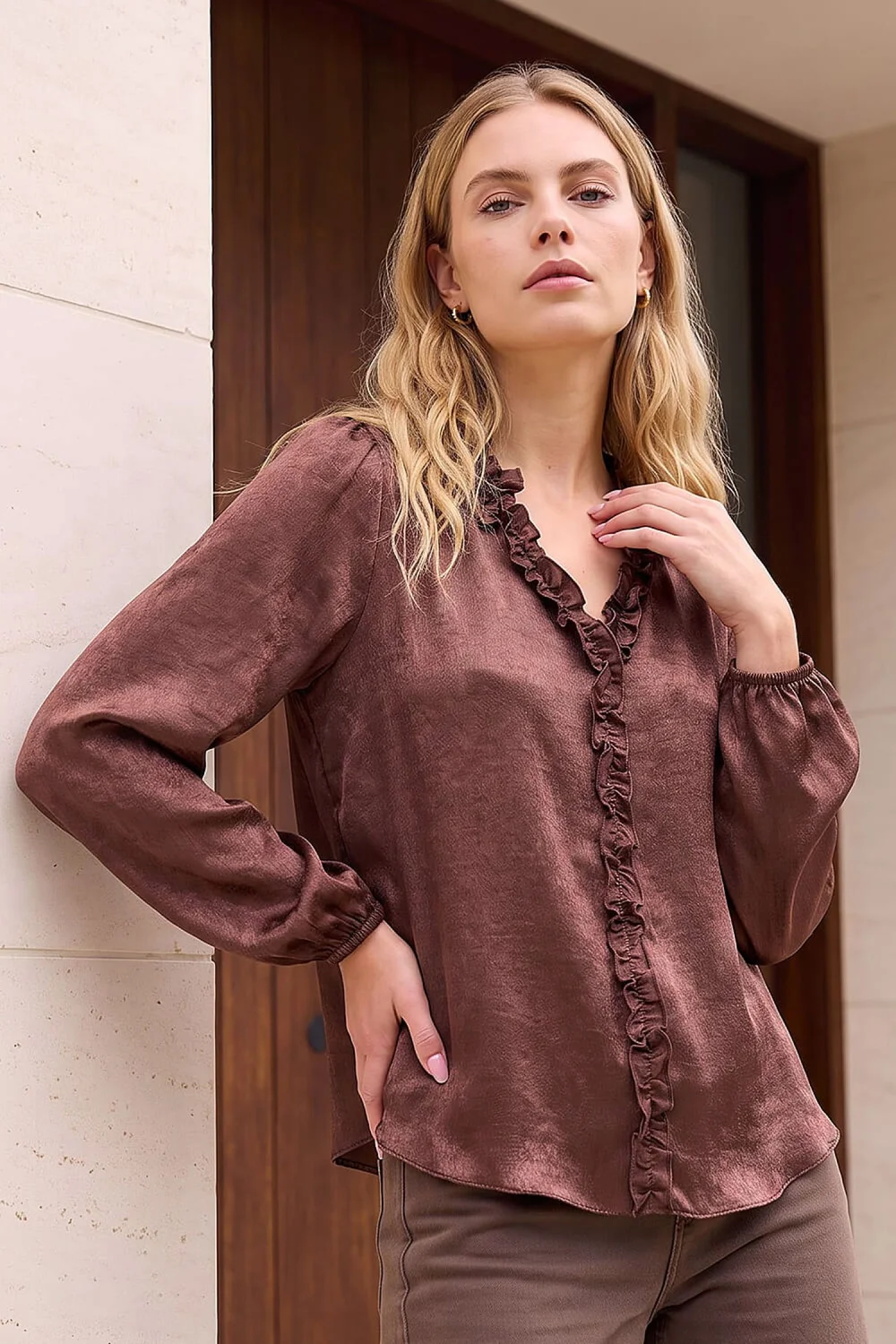 Roman Chocolate Crinkle Satin Frill V-Neck Top - 12 Image 3