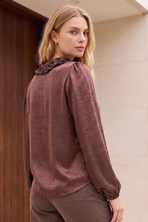 Roman Chocolate Crinkle Satin Frill V-Neck Top - 12 Image 4