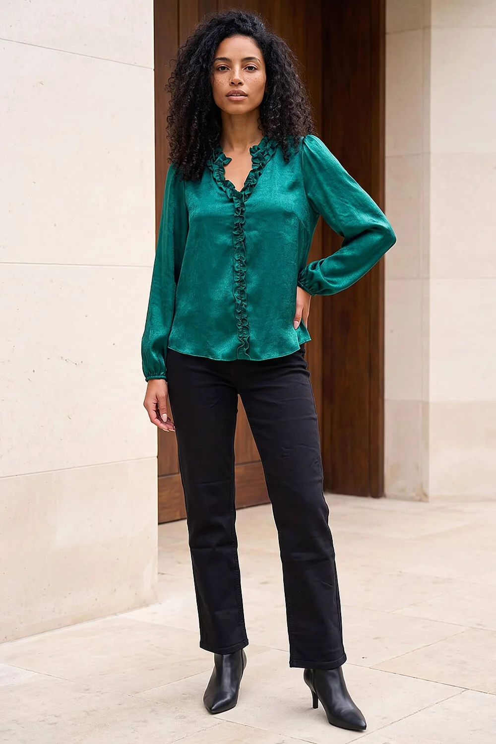 Roman Green Crinkle Satin Frill V-Neck Top - 18 Image 2