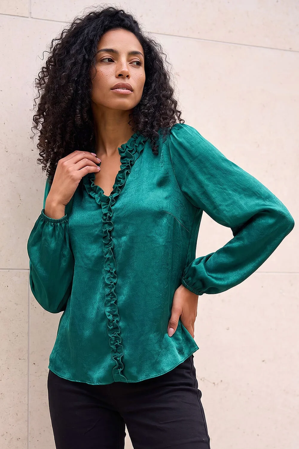 Roman Green Crinkle Satin Frill V-Neck Top - 18 Image 1