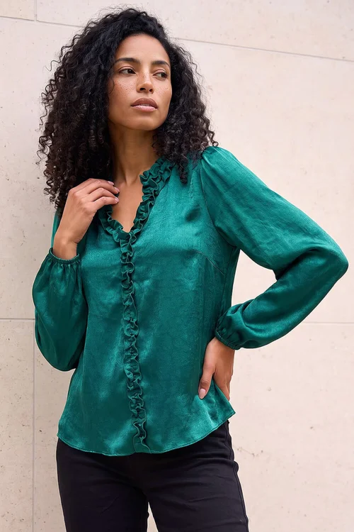 Roman Green Crinkle Satin Frill V-Neck Top - 18 Image 1