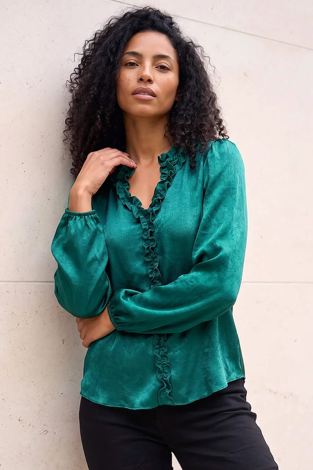 Roman Green Crinkle Satin Frill V-Neck Top - 18 Image 3