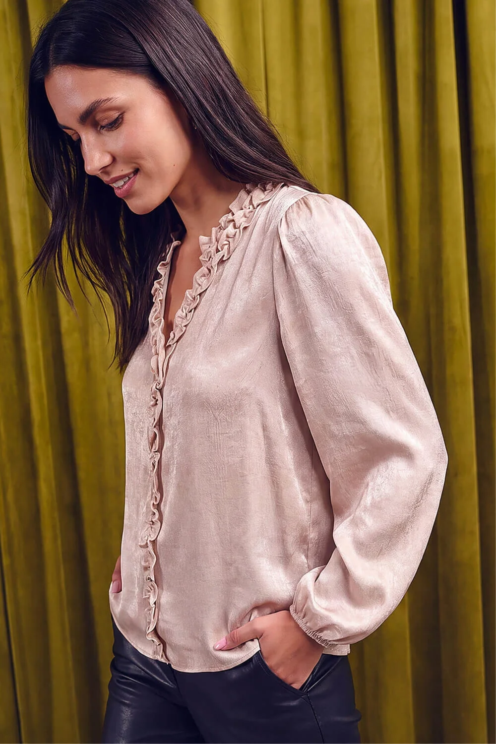 Roman Cream Crinkle Satin Frill V-Neck Top - 14 Image 3