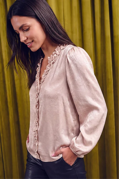 Roman Cream Crinkle Satin Frill V-Neck Top - 14 Image 3