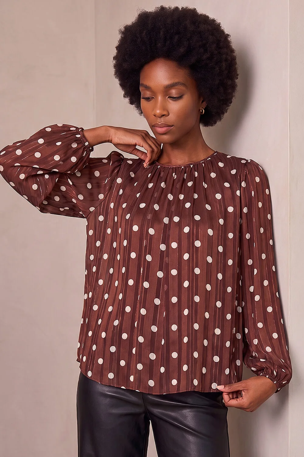 Roman Chocolate Polka Dot Satin Pleated Top - 14 Image 1