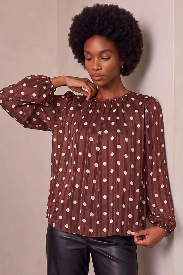Roman Chocolate Polka Dot Satin Pleated Top
