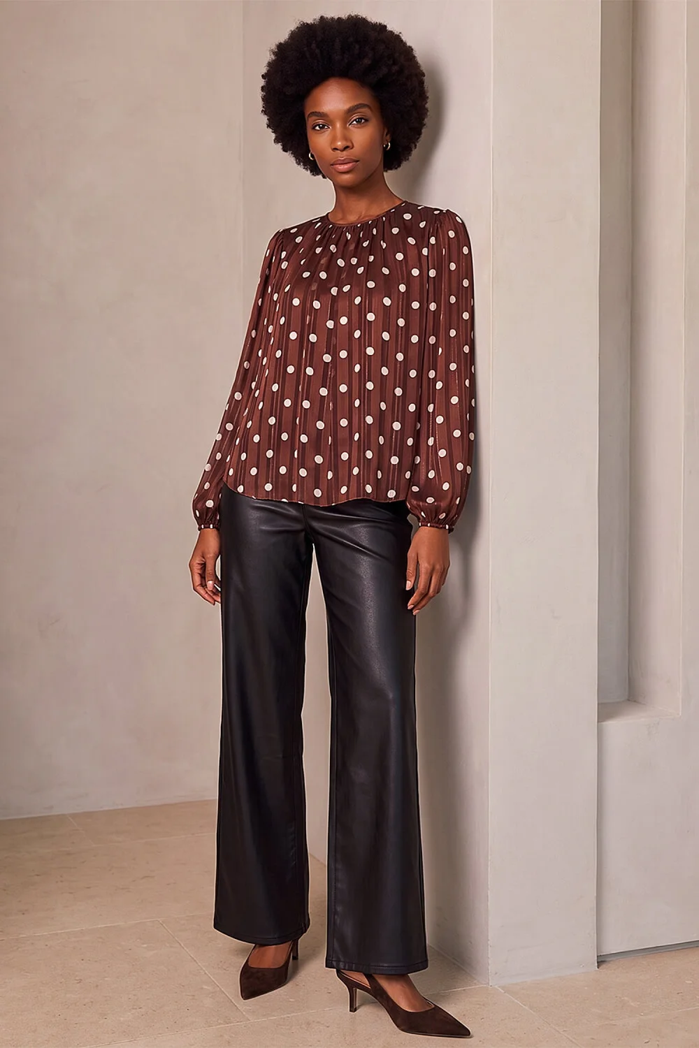 Roman Chocolate Polka Dot Satin Pleated Top - 14 Image 3