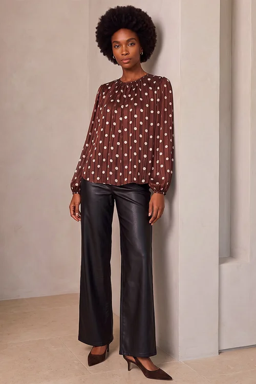 Roman Chocolate Polka Dot Satin Pleated Top - 14 Image 3