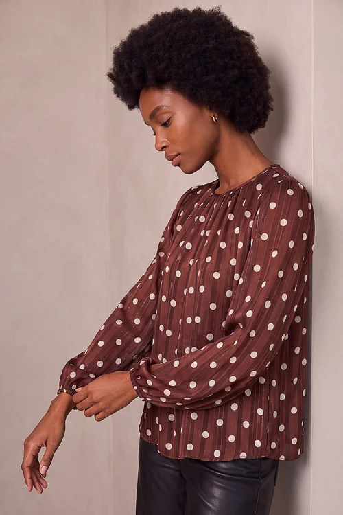Roman Chocolate Polka Dot Satin Pleated Top - 14 Image 2