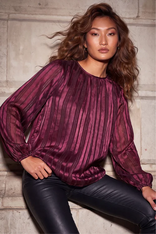 Roman Wine Satin Stripe Pleated Top - 16 Image 1