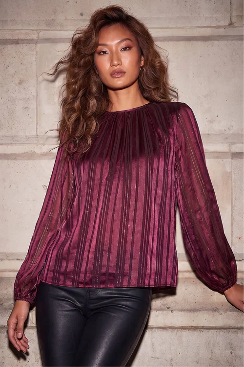Roman Wine Satin Stripe Pleated Top - 16 Image 2