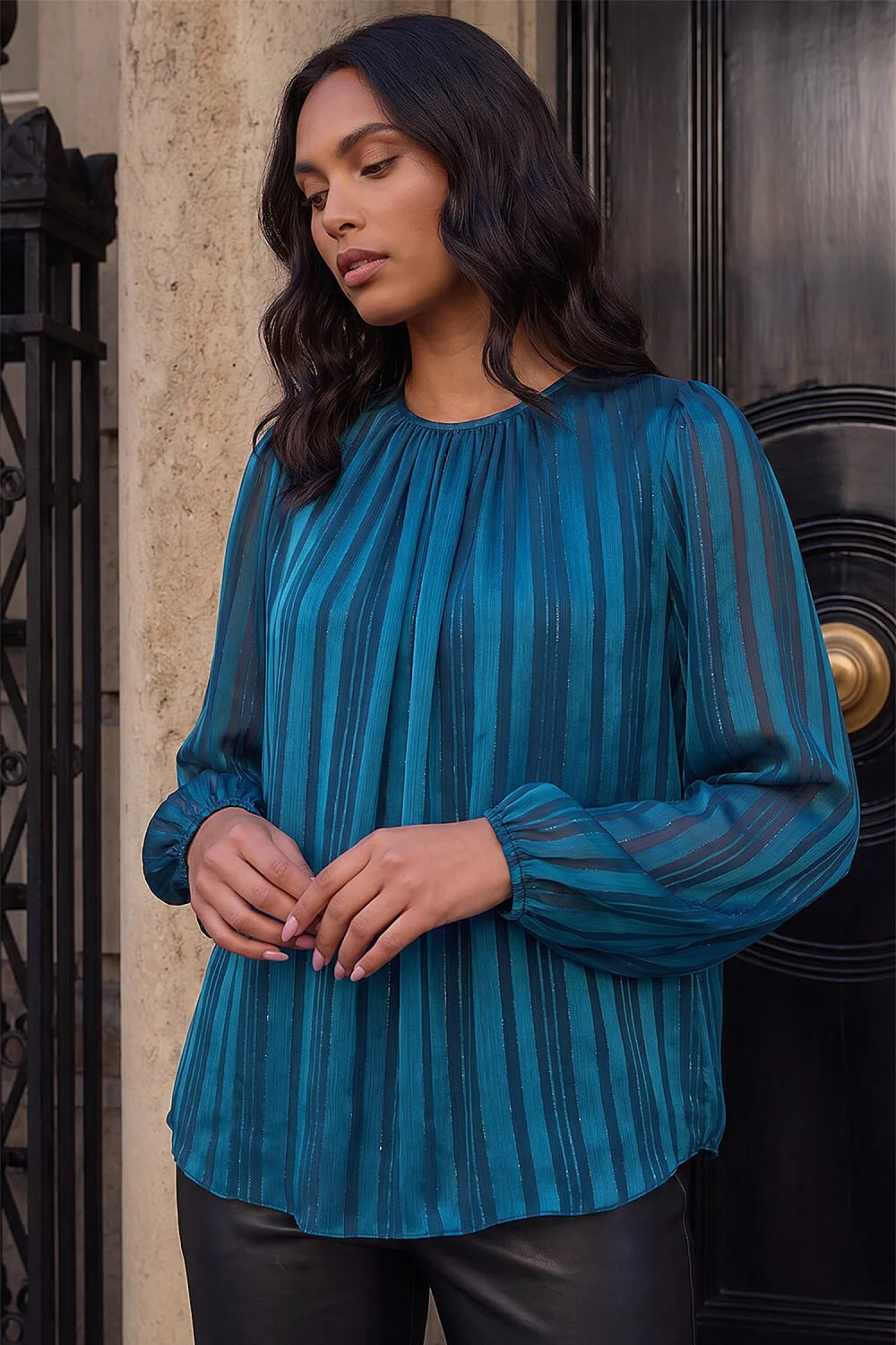 Roman Teal Satin Stripe Pleated Top - 16 Image 2