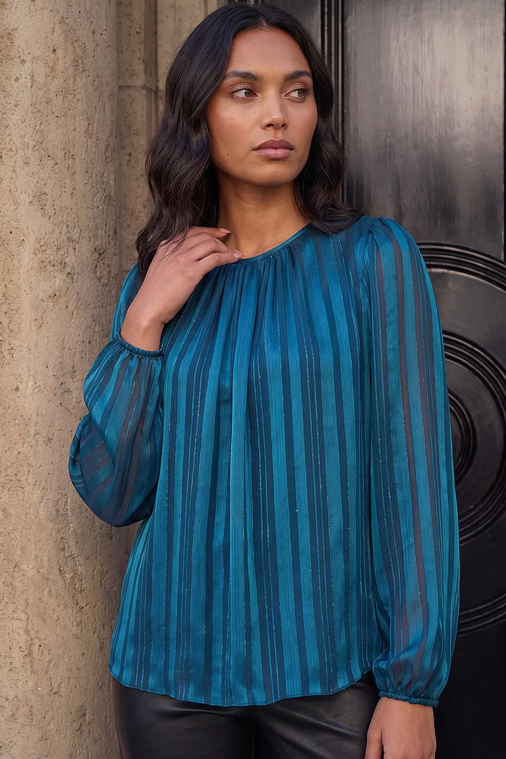 Roman Teal Satin Stripe Pleated Top - 16 Image 1