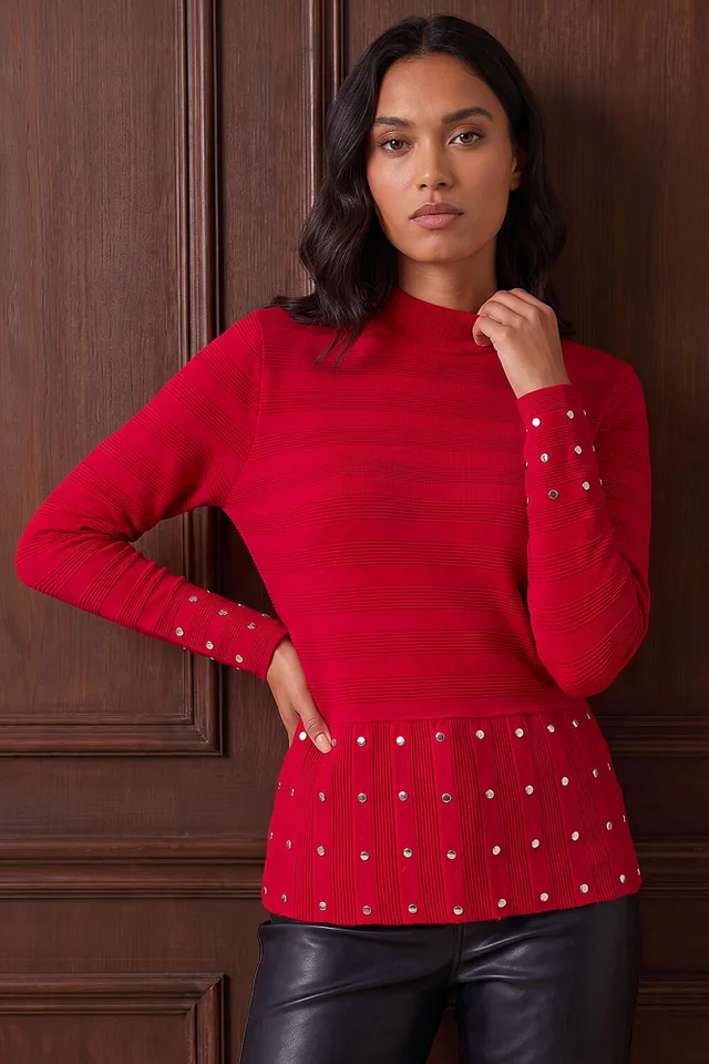 Roman Red Studded Peplum Knit Top
