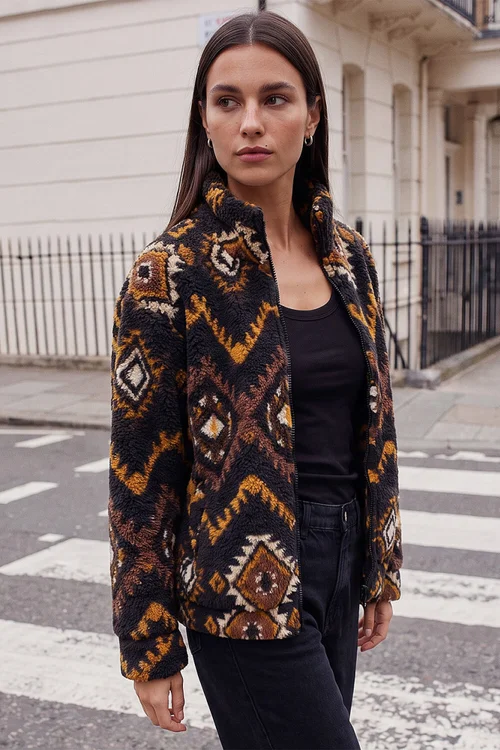 Roman Black Aztec Zip Fleece Jacket - 12 Image 3