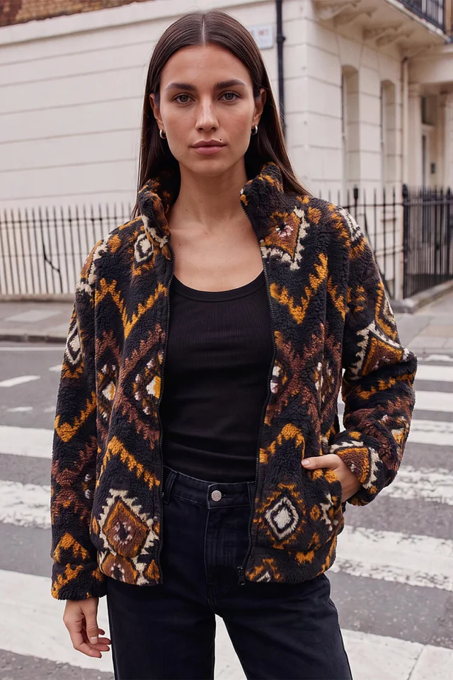 Roman Black Aztec Zip Fleece Jacket