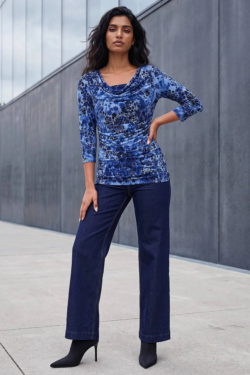 Roman Blue Shadow Floral Cowl Neck Top - 20 Image 2