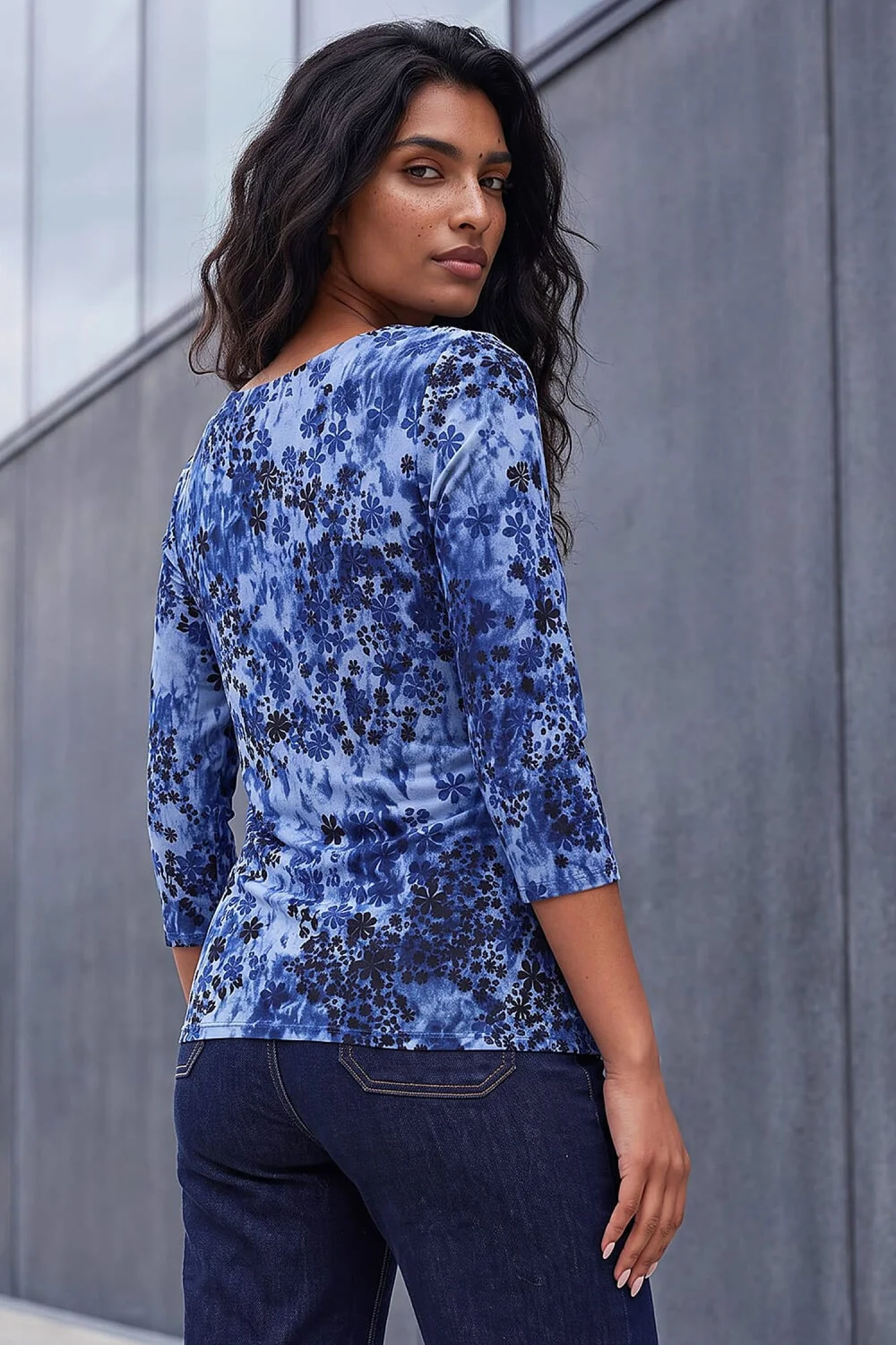 Roman Blue Shadow Floral Cowl Neck Top - 20 Image 3