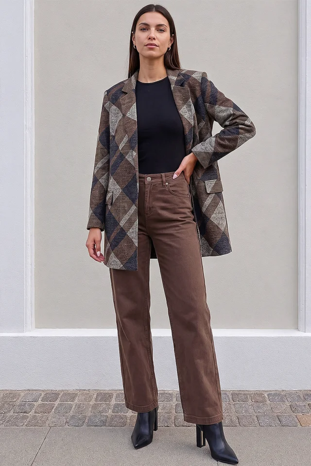Roman Coffee Check Edge To Edge Jacket