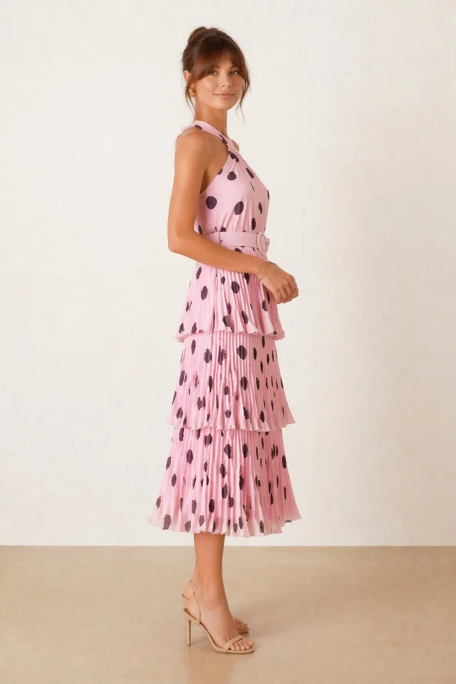 Paige Halter Tiered Pleated Belted Dress, Pink Polka Dot
