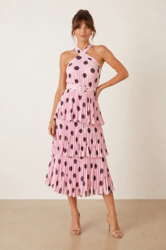 Paige Halter Tiered Pleated Belted Dress, Pink Polka Dot