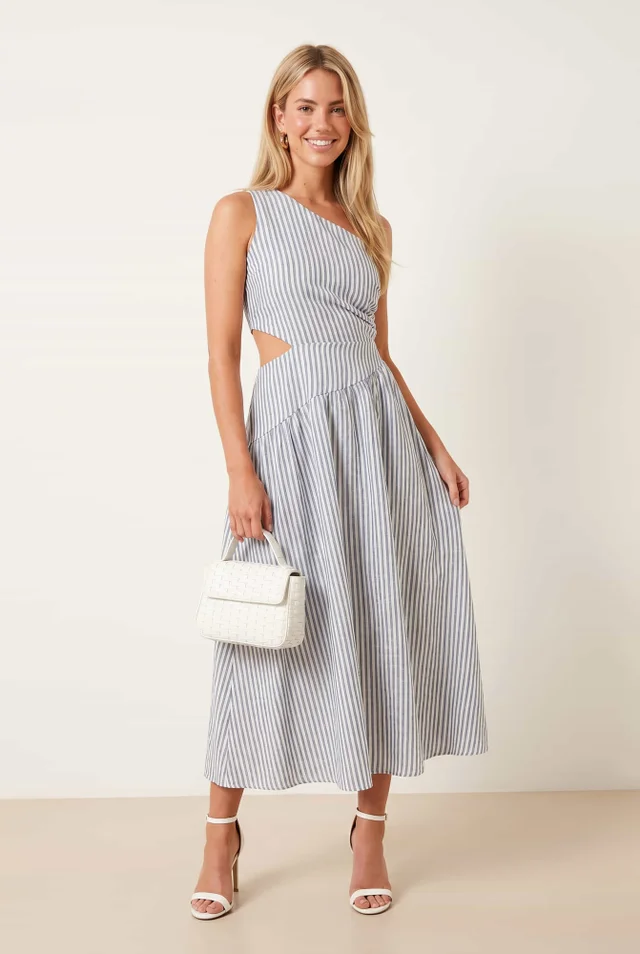 Style Cheat Jasmine Stripe One-Shoulder Midi Dress
