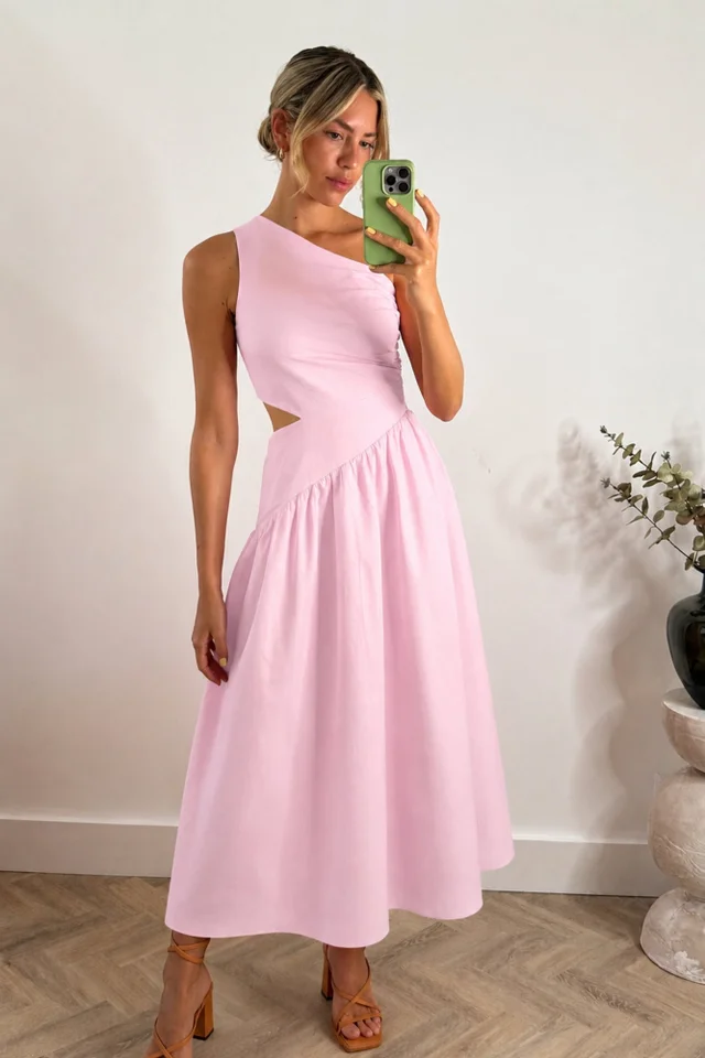 Jasmine Cut-Out One-Shoulder Midi Dress in Pink
