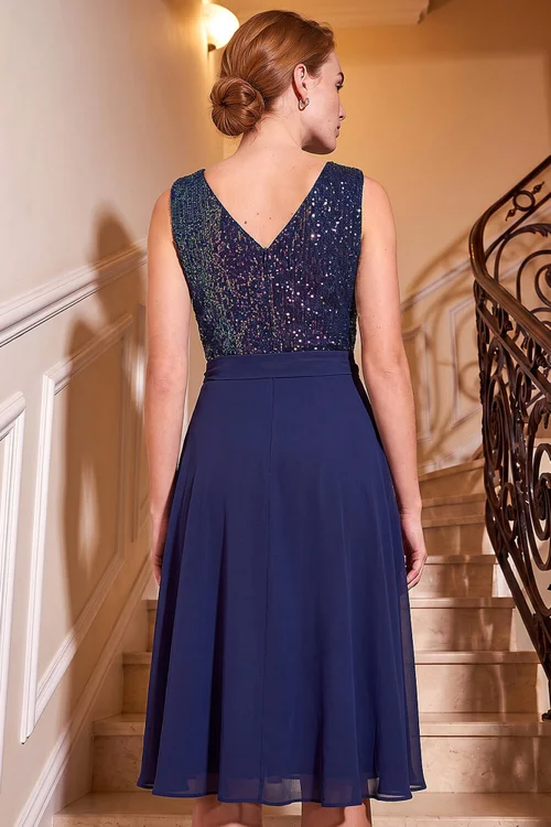 Roman Blue Sequin Bodice Belted Chiffon Dress - 16 Image 4
